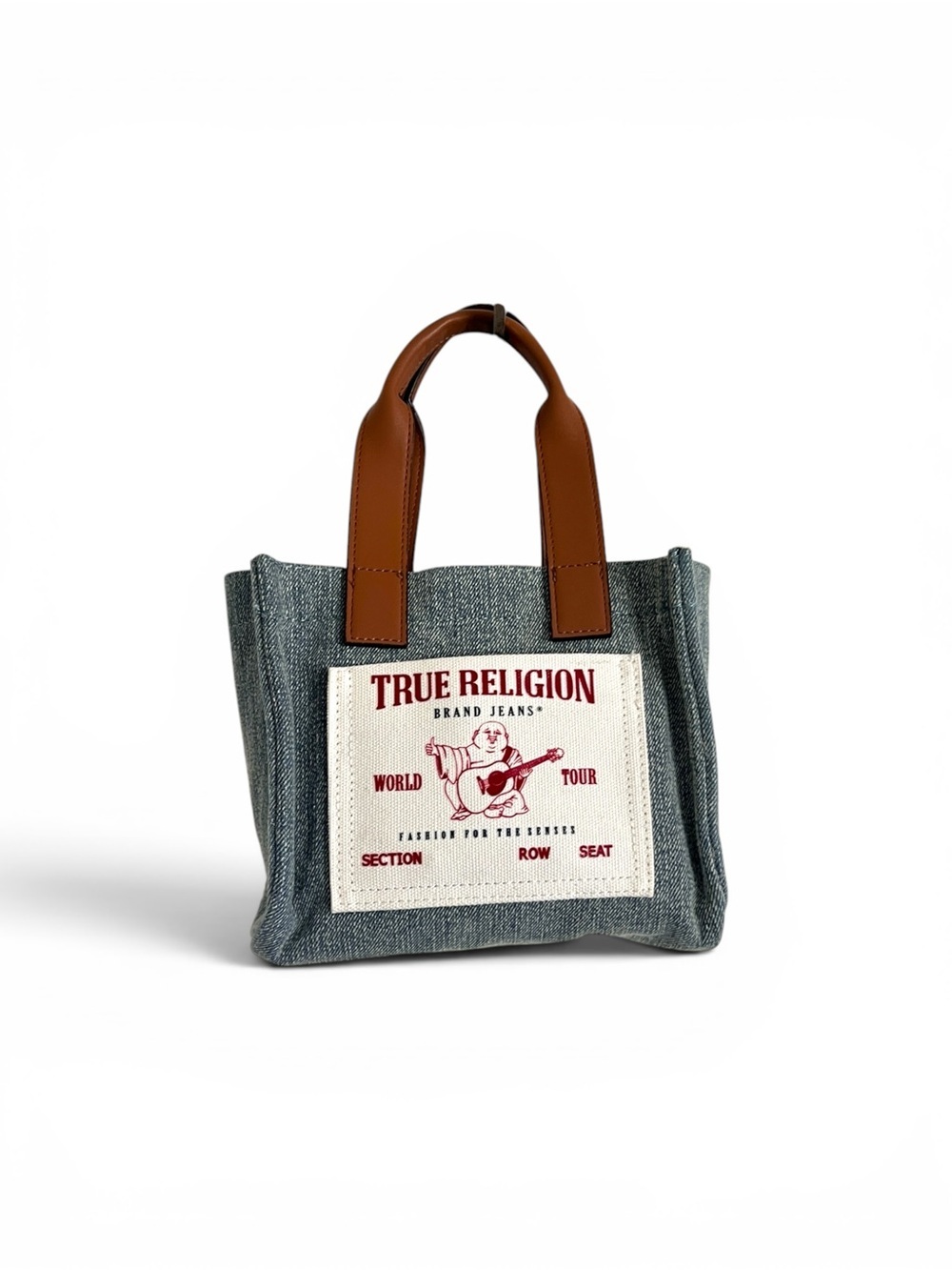 True Religion Blue Denim Mini Tote with Brown Handles